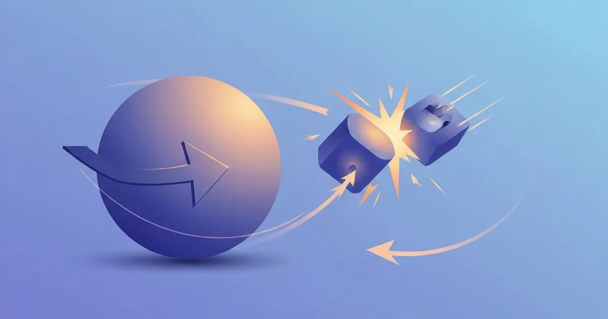 The momentum formula illustrated with a heavy moving object, a mass symbol, and a velocity arrow showing direction