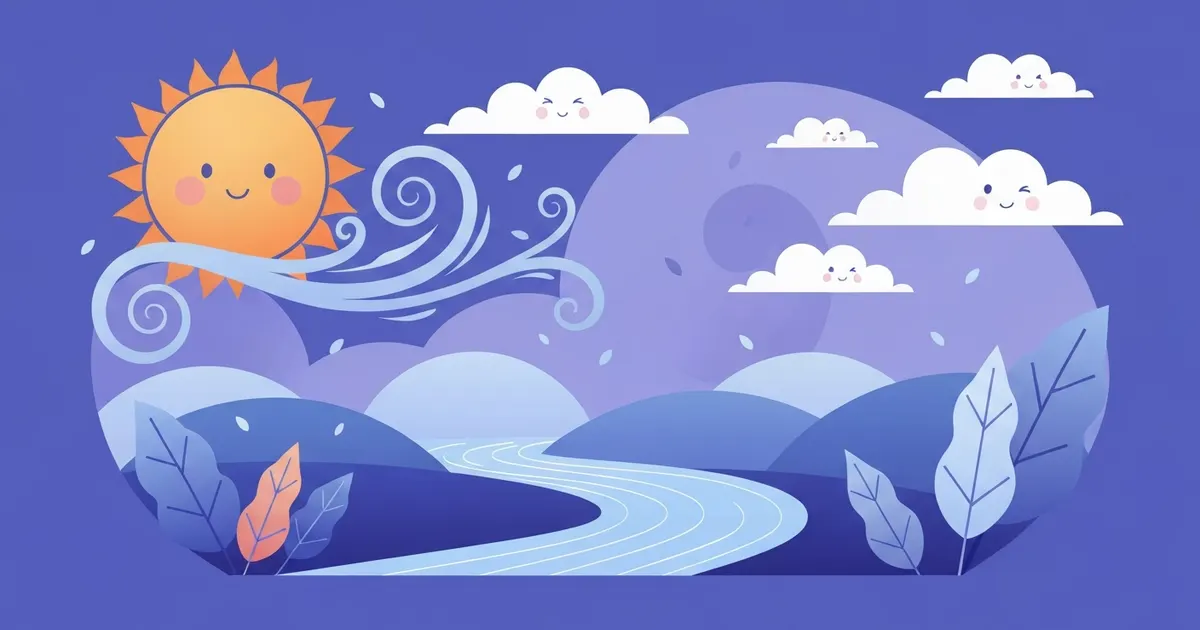 Illustration of the sun smiling and the wind curling into a face over a landscape, showing nature acting human