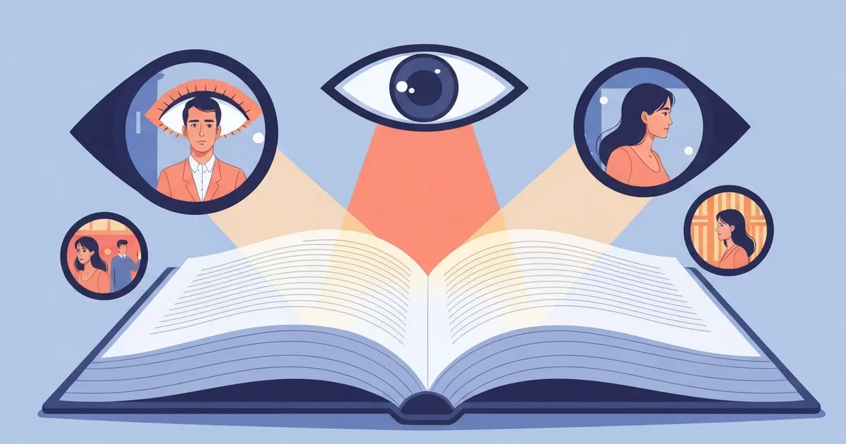 Colorful illustration of one story scene viewed through different narrator lenses representing points of view