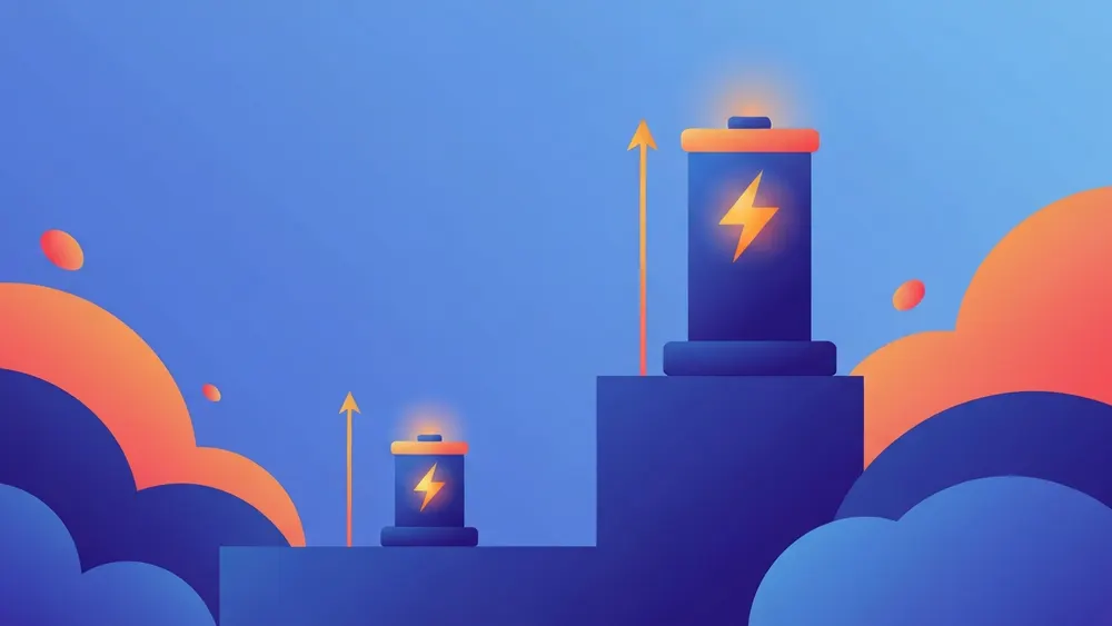 A mass shown at two heights with the higher one storing a much larger energy reserve to show energy growing with height