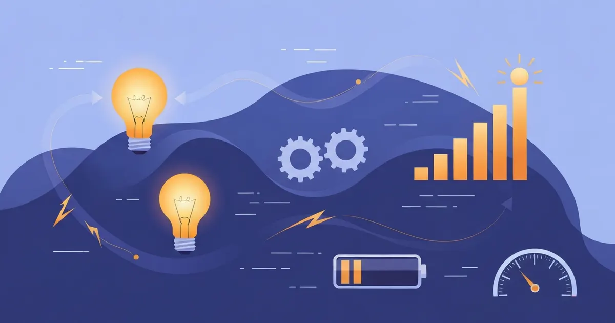 Colorful flat illustration showing energy flowing into a glowing lightbulb, gears, and a speed gauge representing the power formula