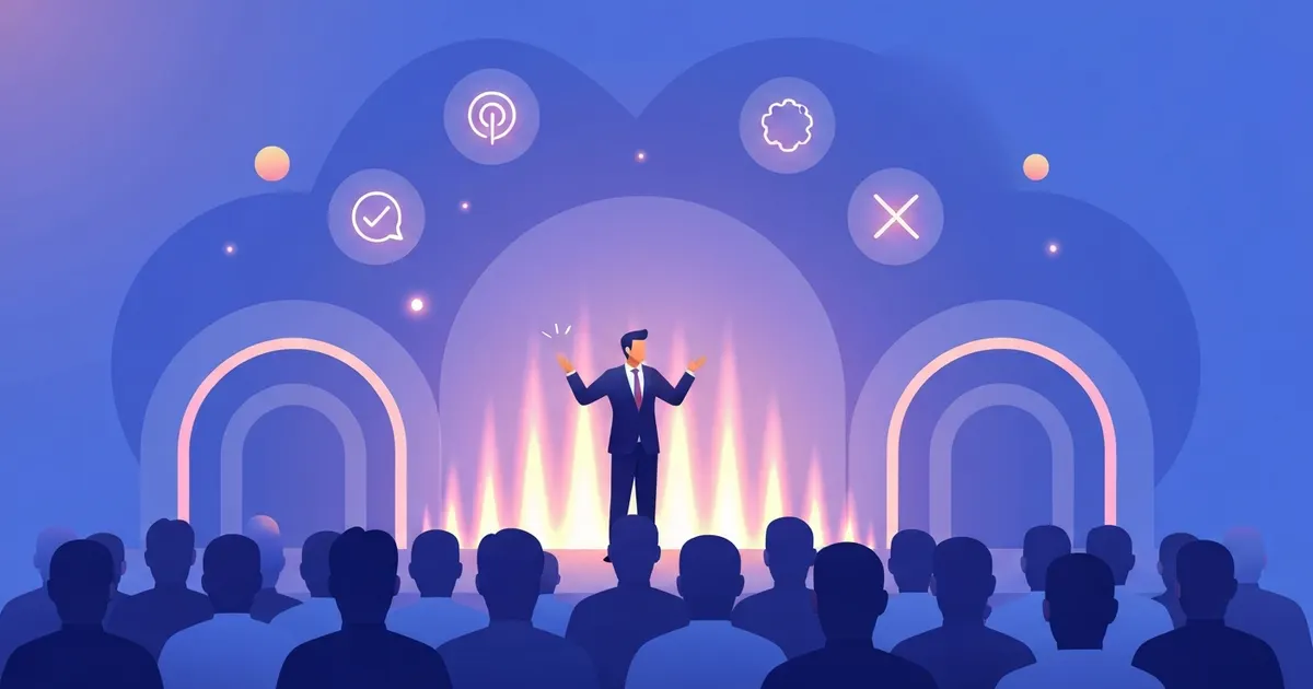 Rhetorical devices shown as a speaker persuading an audience using ethos, pathos and logos