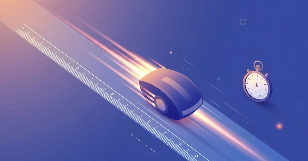 The speed formula illustrated with a moving object, a distance line, and a stopwatch