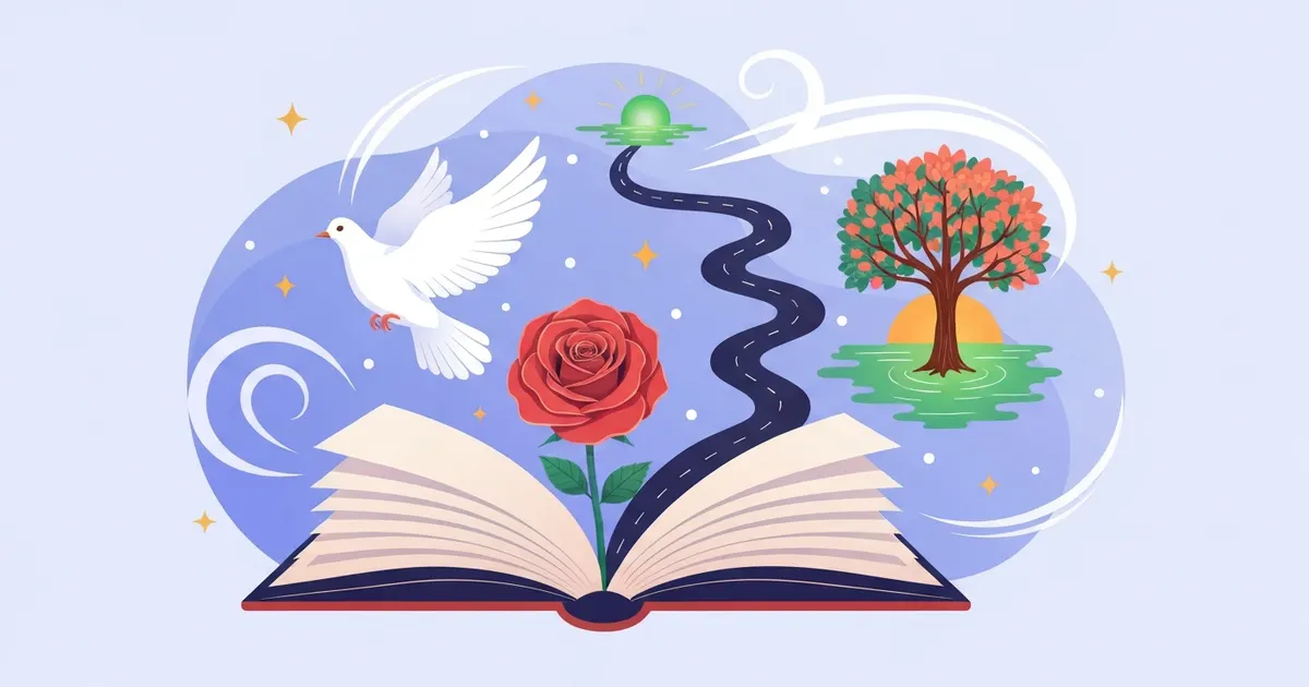 Colorful illustration of literary symbols including a dove, a winding road, a red rose, and changing seasons