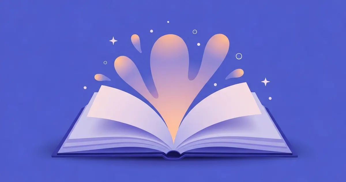Open book radiating symbols of love, power, and time to represent literary themes