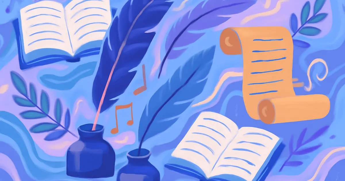 Colorful flat illustration of open books, quills, and floating verses representing different types of poems