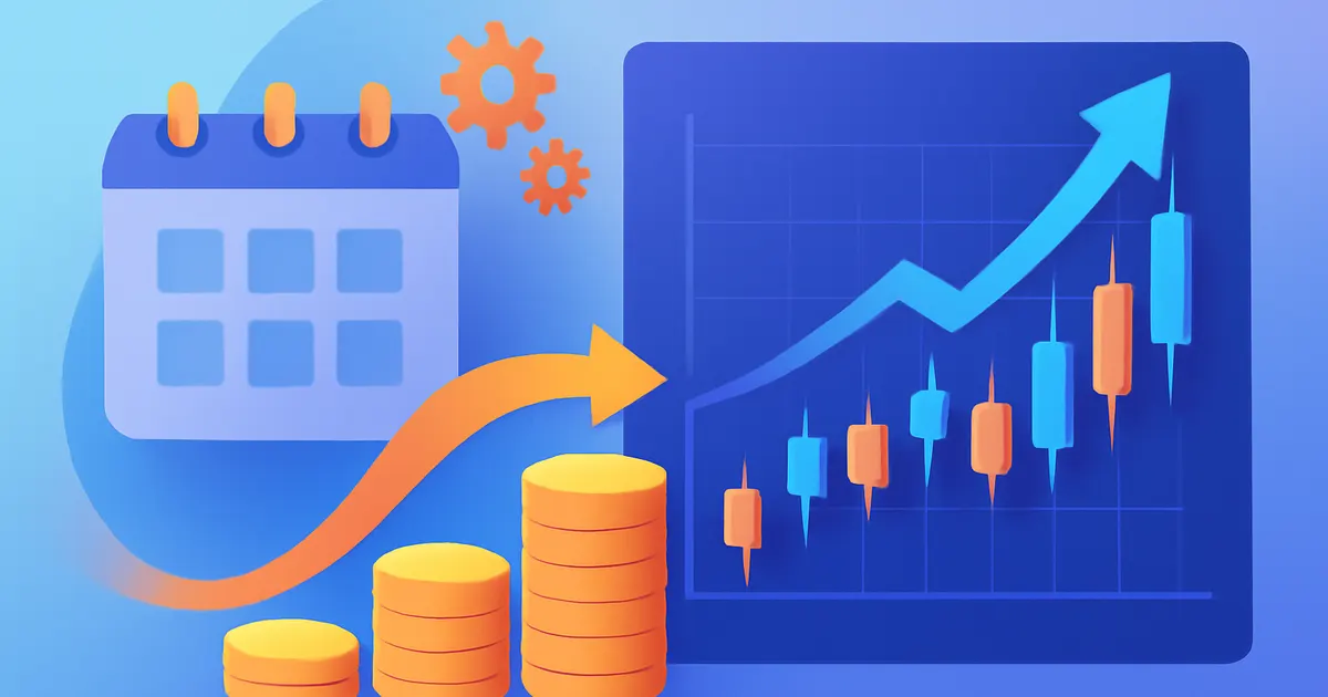 Illustration of coins flowing on a regular schedule into a growing mutual fund investment chart