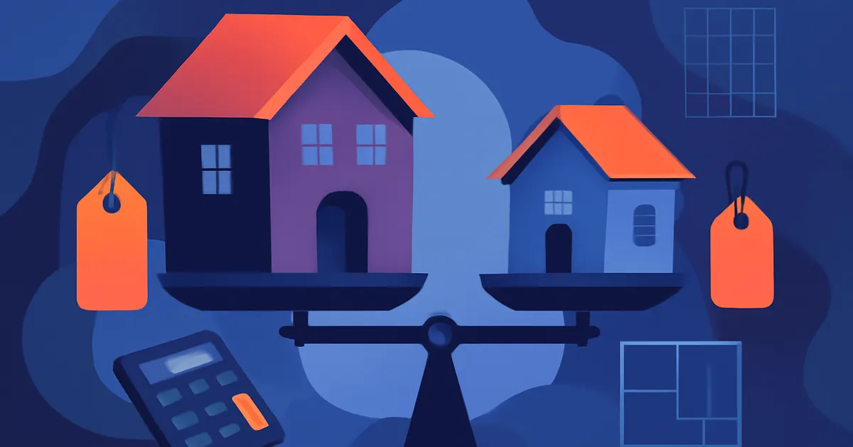 Illustration of two houses of different sizes with price tags being compared on a like-for-like basis