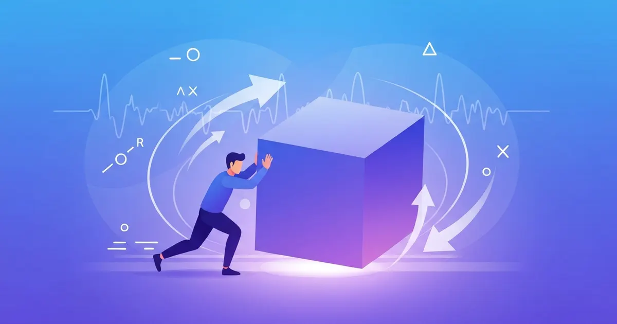 Illustration of a force arrow pushing a box across a surface to show the physics work formula